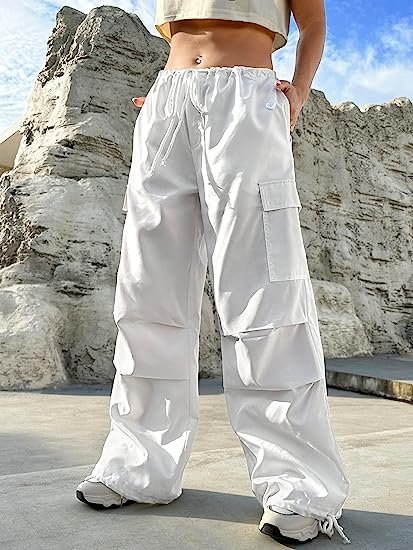 Women's Flap Pocket Drawstring Waist Cargo Pants Casual Plain Trousers