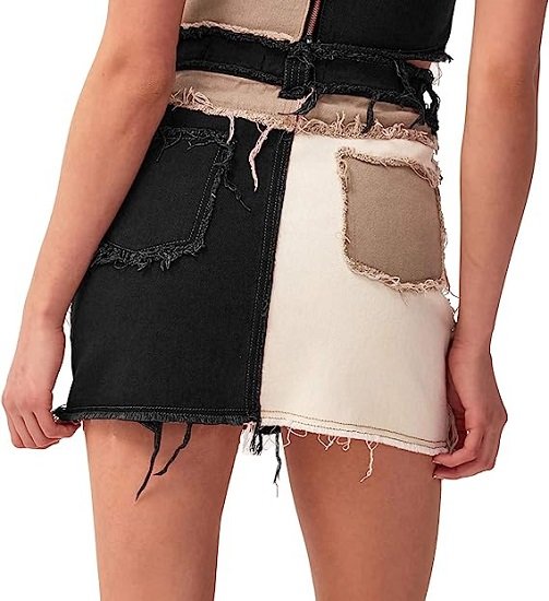 Womens Fashion Mid-Rise Color Blocking Patchwork Ripped Stretch Denim Skirts