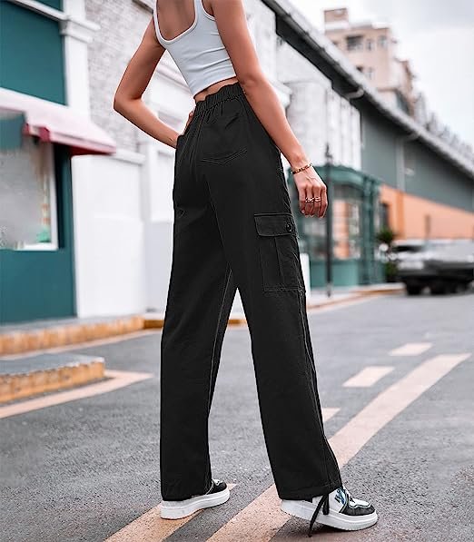 Women High Waisted Cargo Pants Wide Leg Casual Pants 6 Pockets Combat Military Trousers